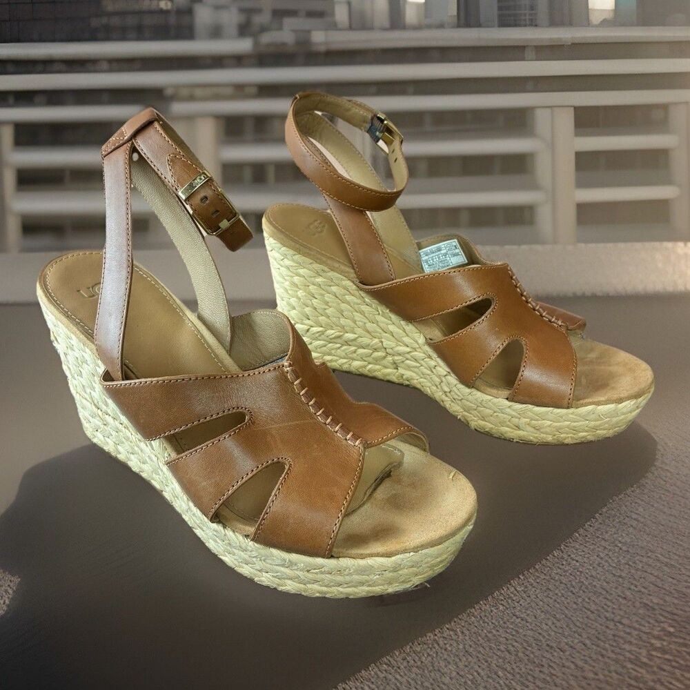 Ugg Women’s Braided Raffia Wedge Platform Heel Cognac Brown Leather Size 10